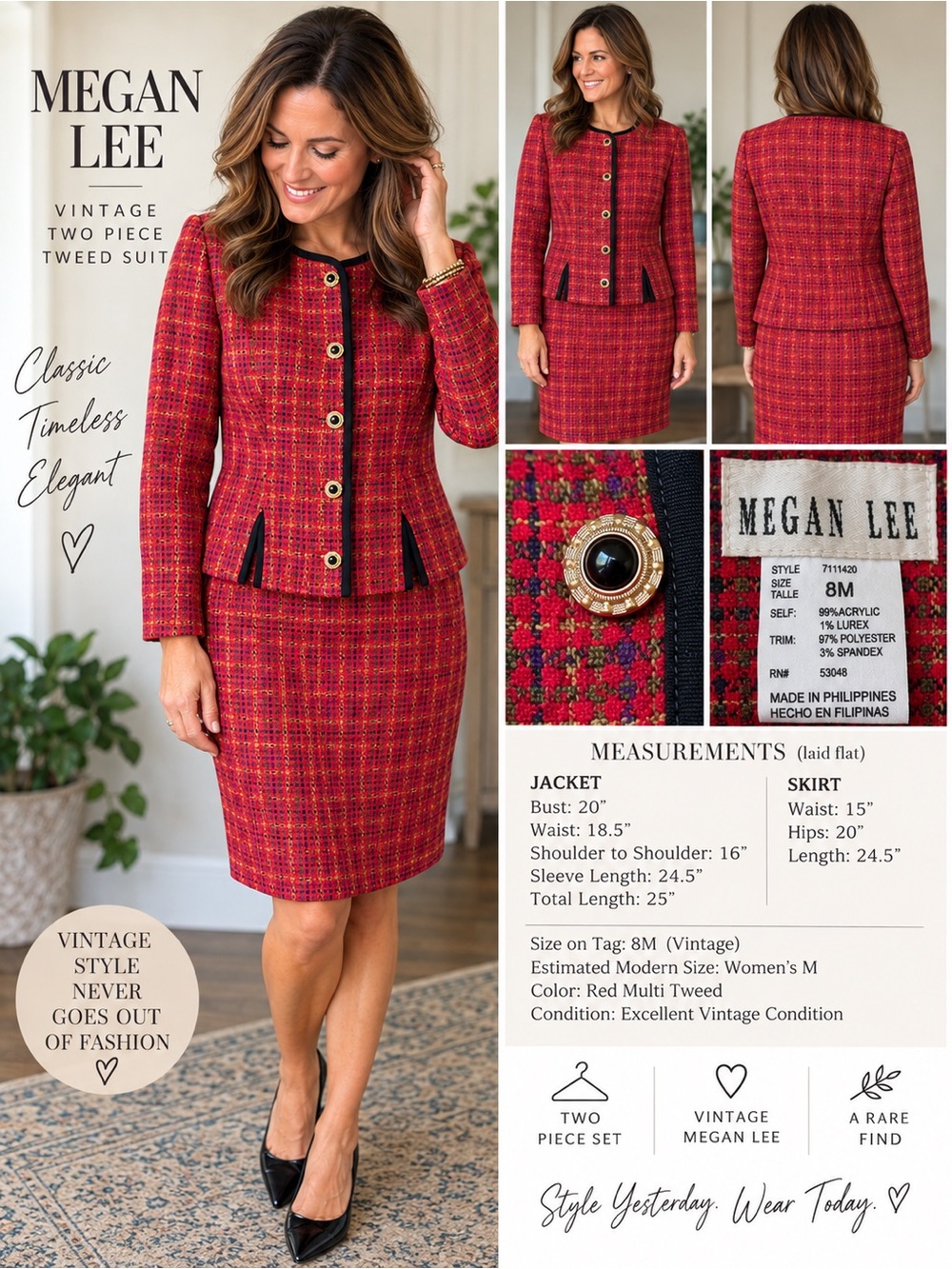 Red Multi Tweed Pencil Skirt - Classic Two-Piece Set